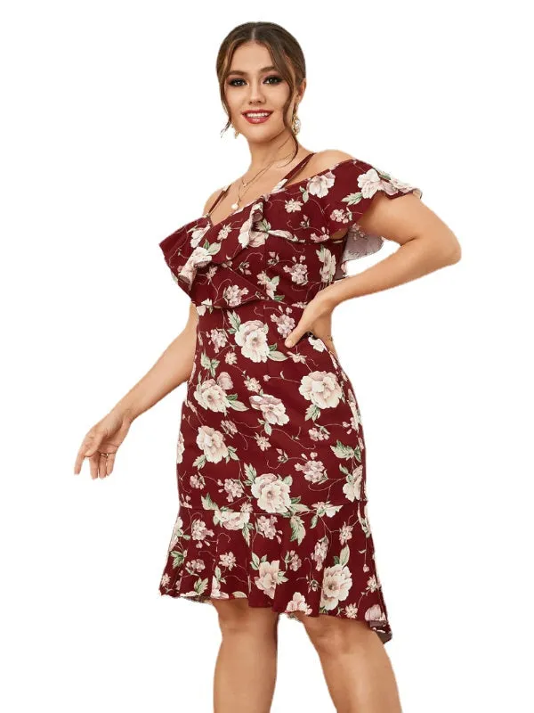 Plus Size Cold Shoulder Floral Print Ruffle Trim Dress