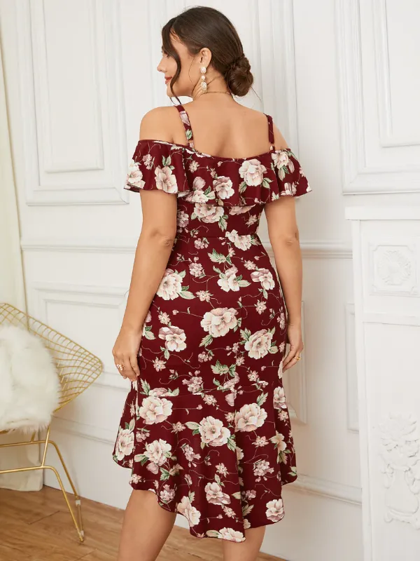 Plus Size Cold Shoulder Floral Print Ruffle Trim Dress