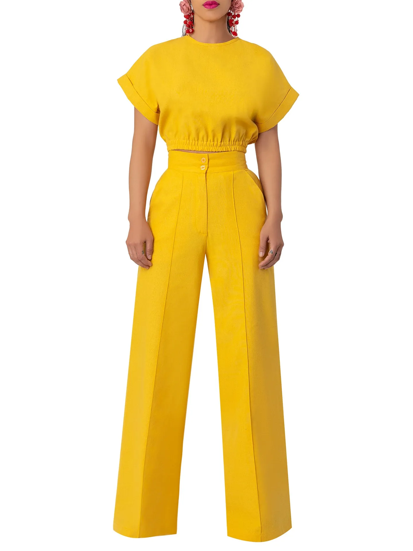 "Piña Colada" Yellow Linen High Waisted Pants