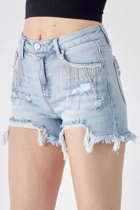 RISEN Frayed Hem Denim Shorts with Rhinestone Fringe Detail Pockets