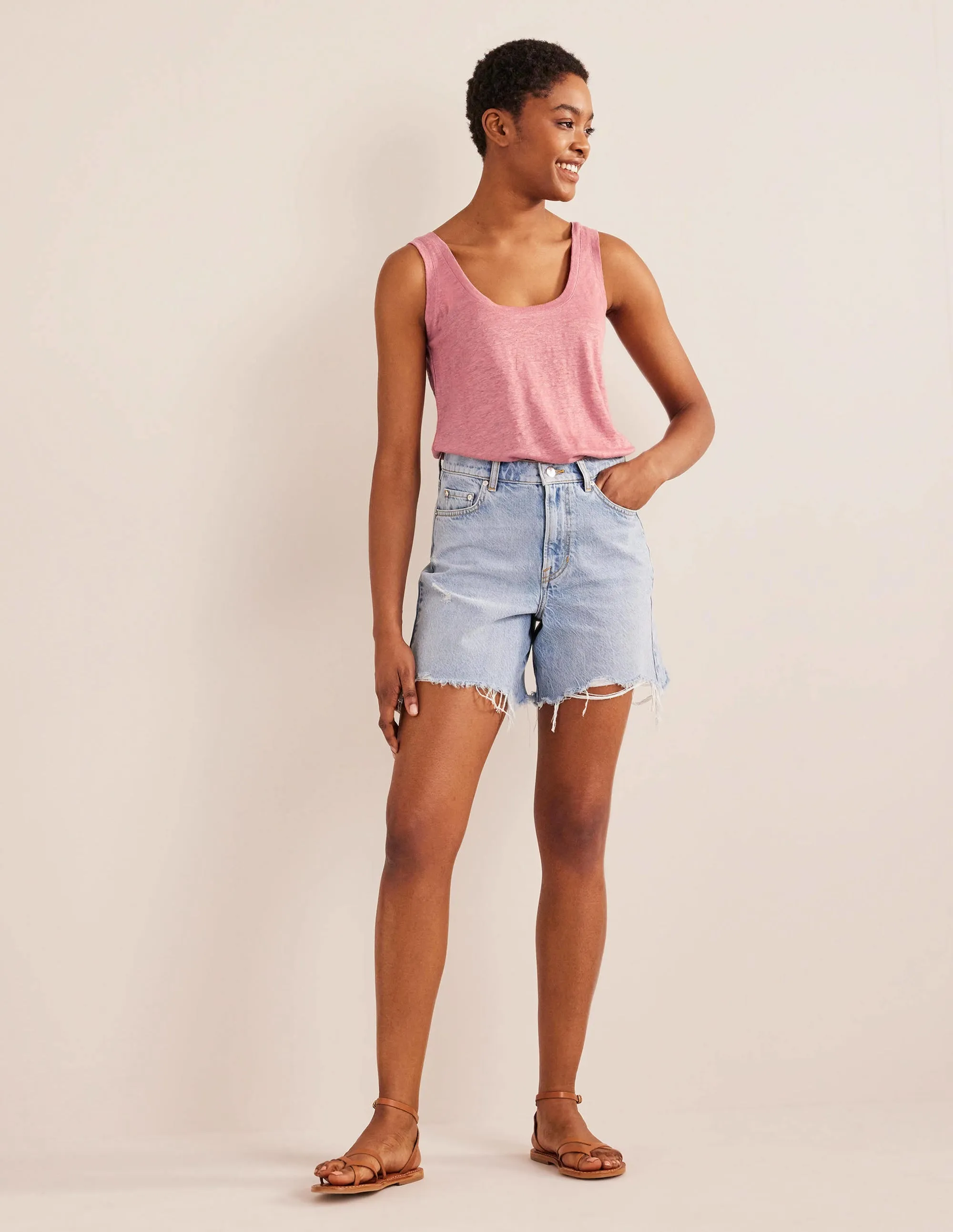 Scoop Neck Linen Tank Top-Rose Pink