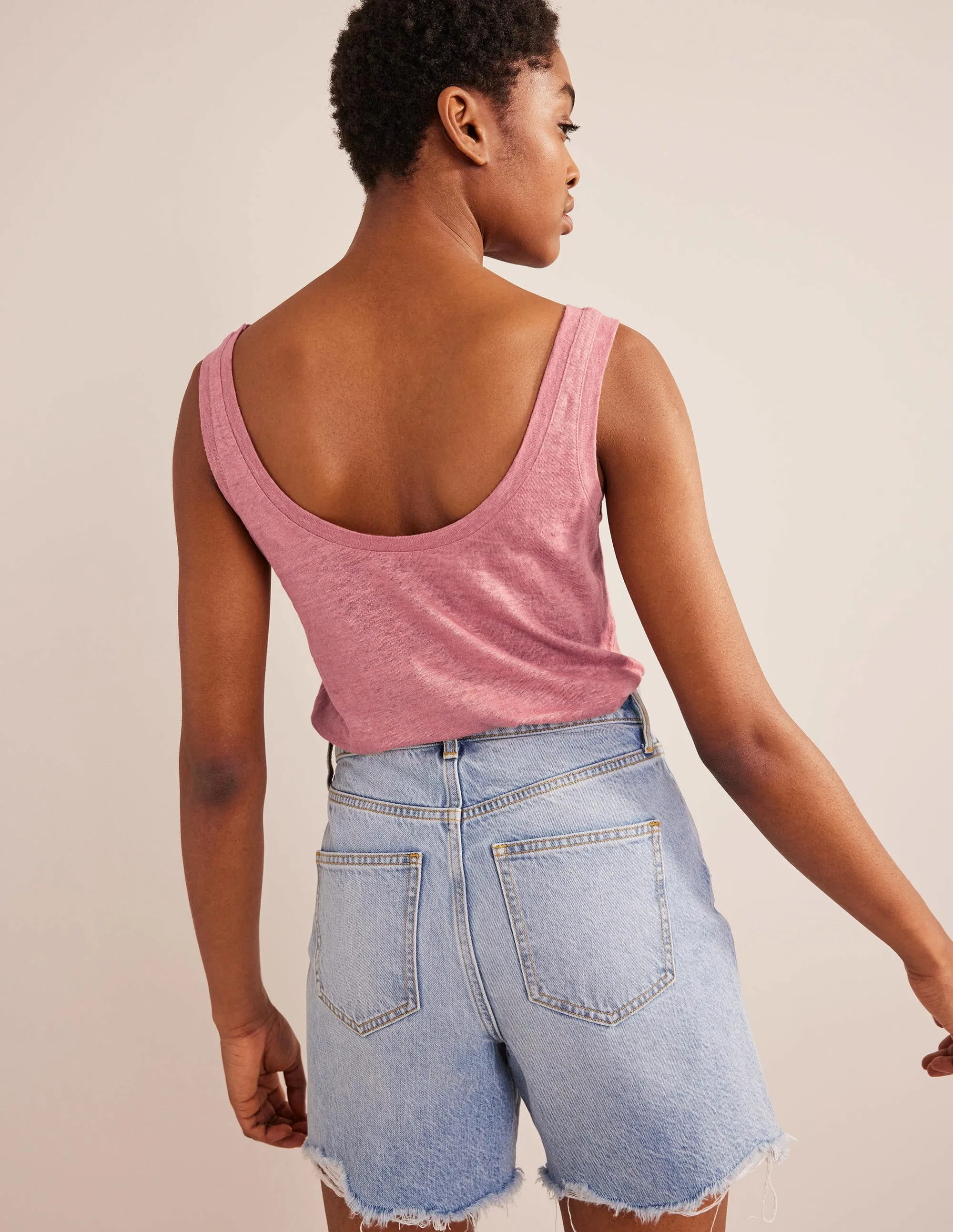 Scoop Neck Linen Tank Top-Rose Pink