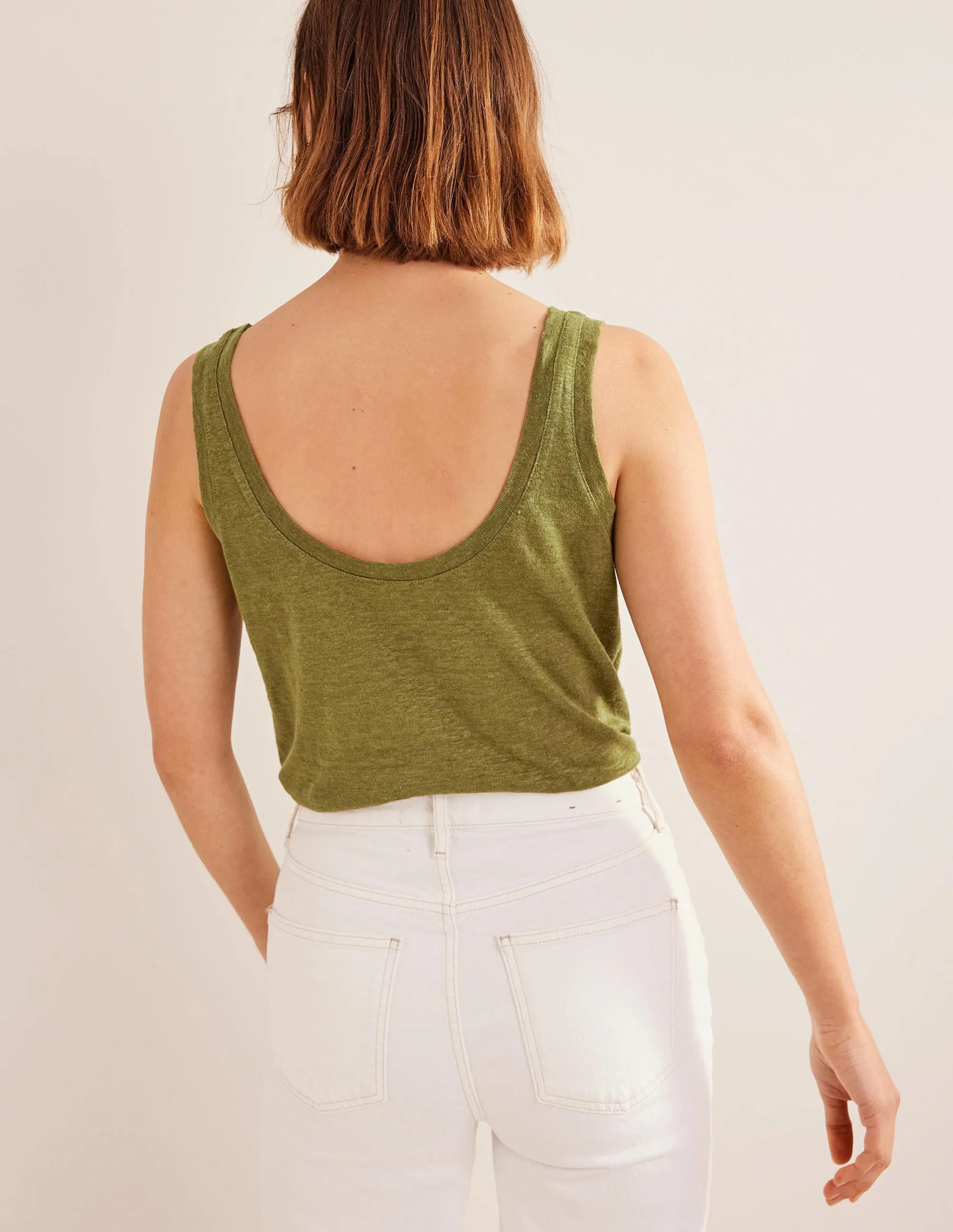 Scoop Neck Linen Tank Top-Sulphur Green