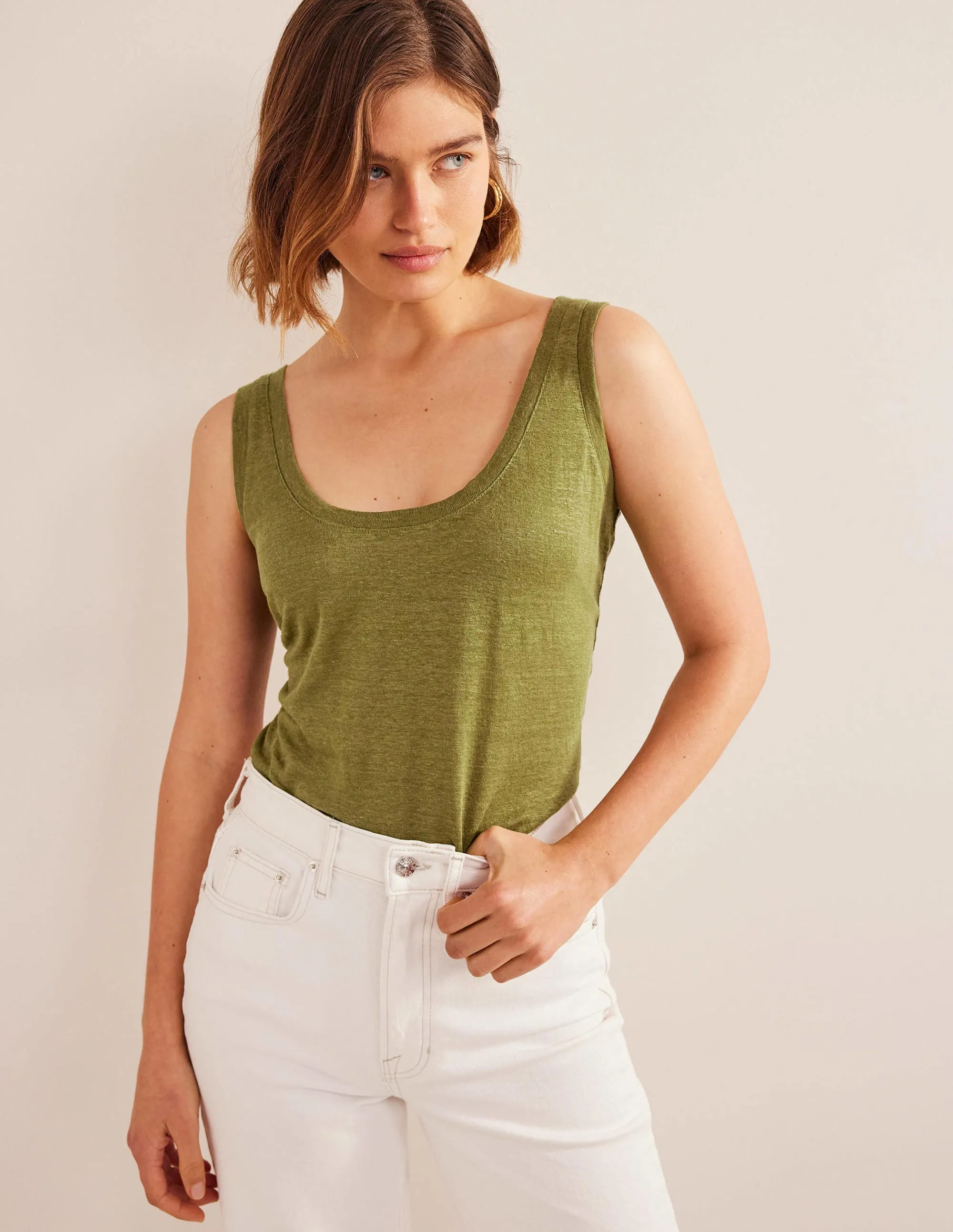 Scoop Neck Linen Tank Top-Sulphur Green