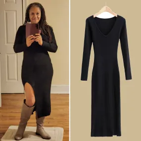 Simply Elegant V-neck Ribbed Dress