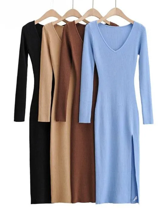 Simply Elegant V-neck Ribbed Dress