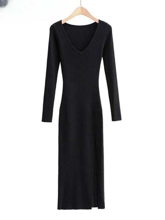 Simply Elegant V-neck Ribbed Dress