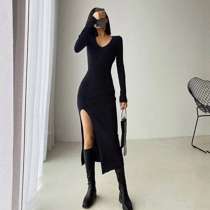 Simply Elegant V-neck Ribbed Dress