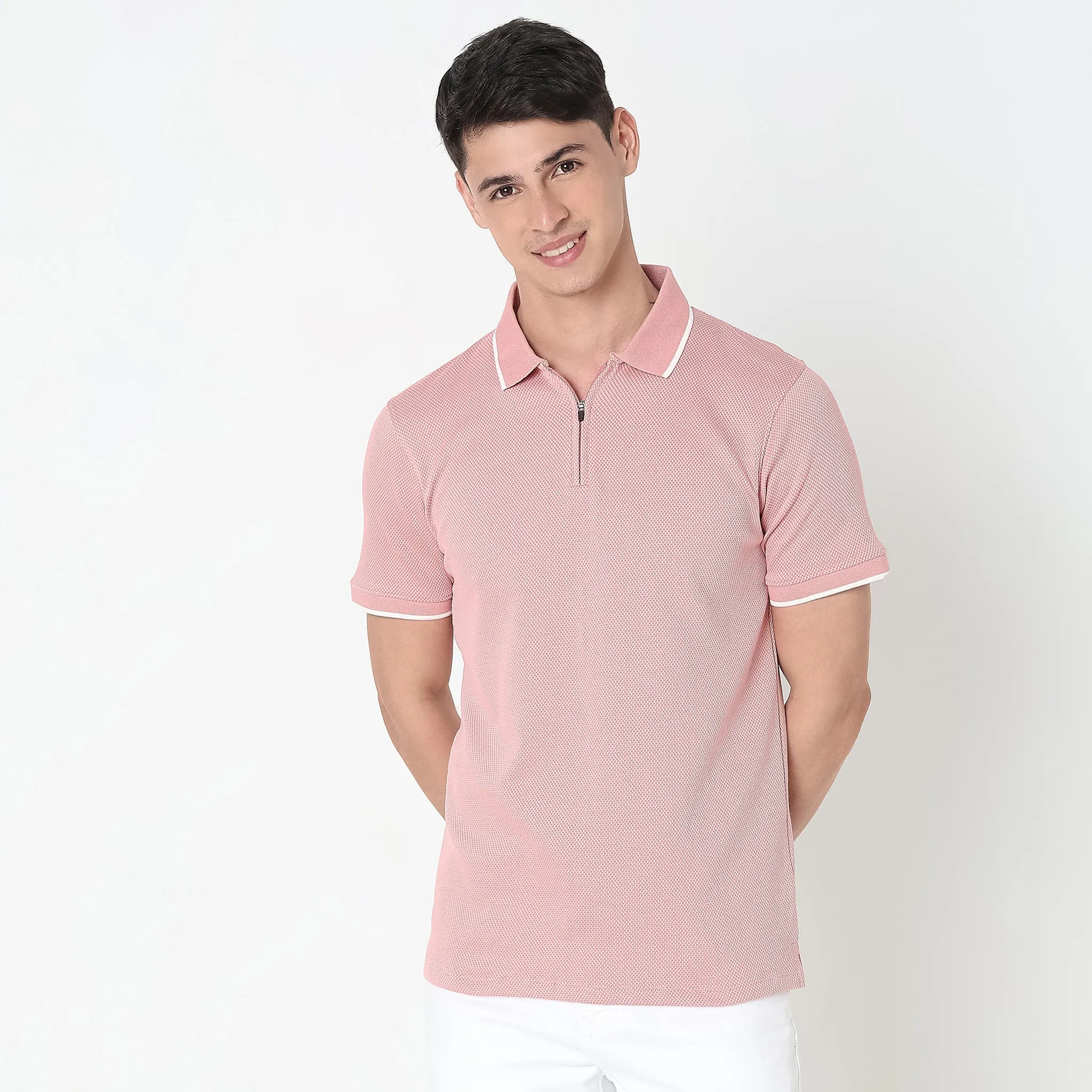 Smart Polo® - Micro Diamond Pop Structure - Zip Neck - Regular Fit Polo T-Shirt - Best Seller