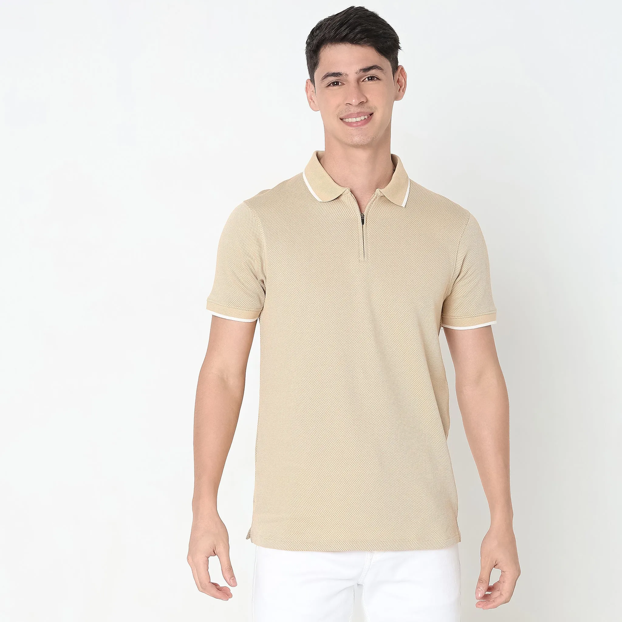 Smart Polo® - Micro Diamond Pop Structure - Zip Neck - Regular Fit Polo T-Shirt - Best Seller