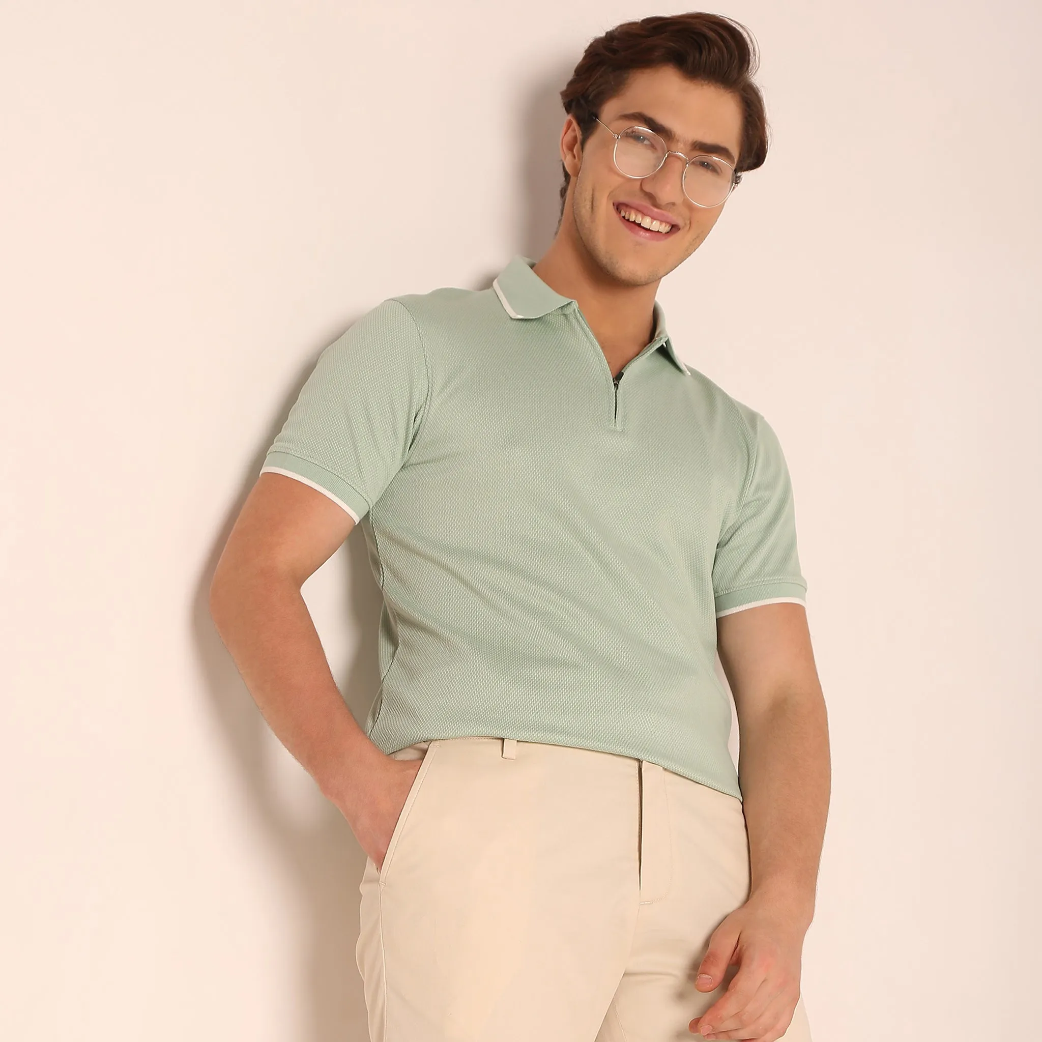 Smart Polo® - Micro Diamond Pop Structure - Zip Neck - Regular Fit Polo T-Shirt - Best Seller