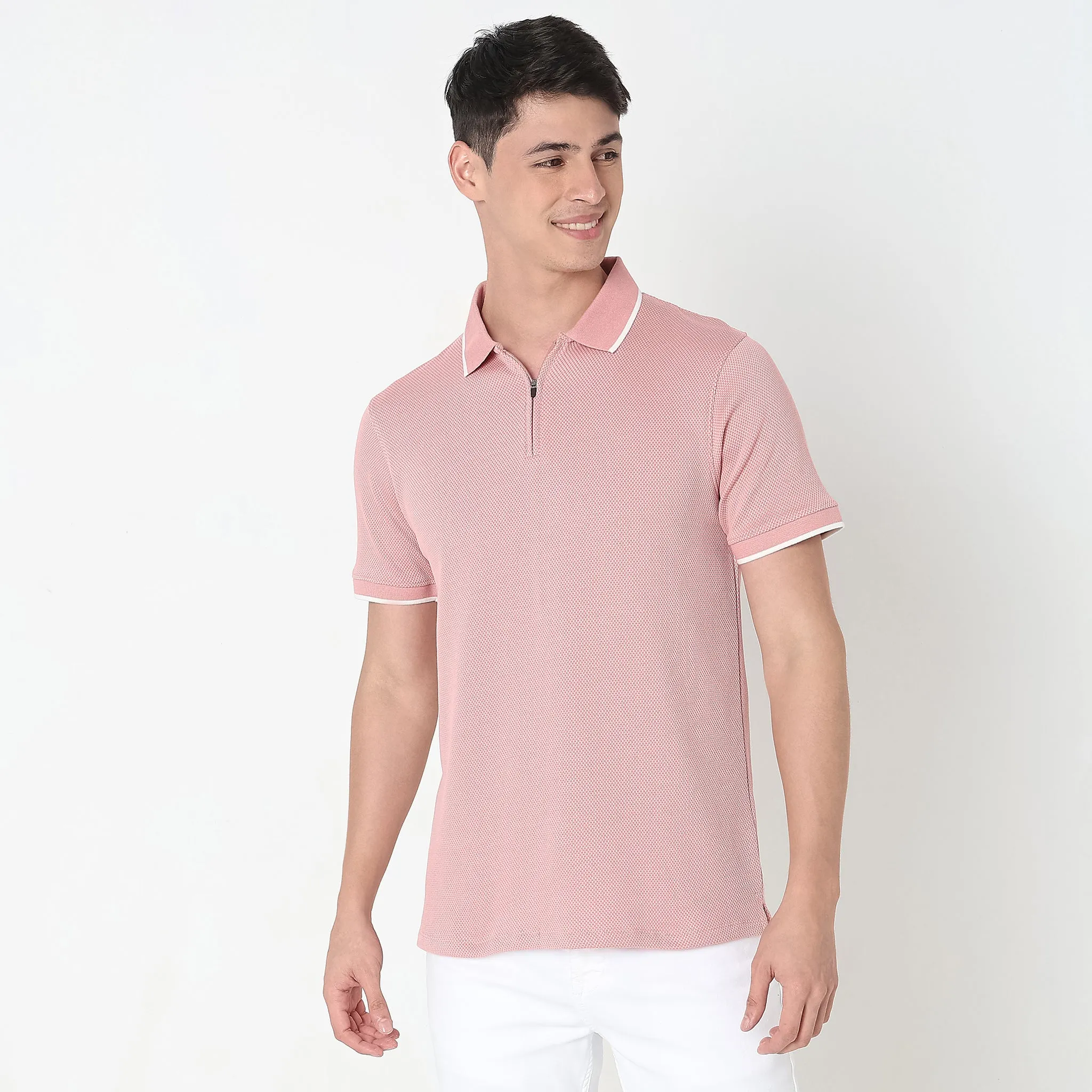 Smart Polo® - Micro Diamond Pop Structure - Zip Neck - Regular Fit Polo T-Shirt - Best Seller