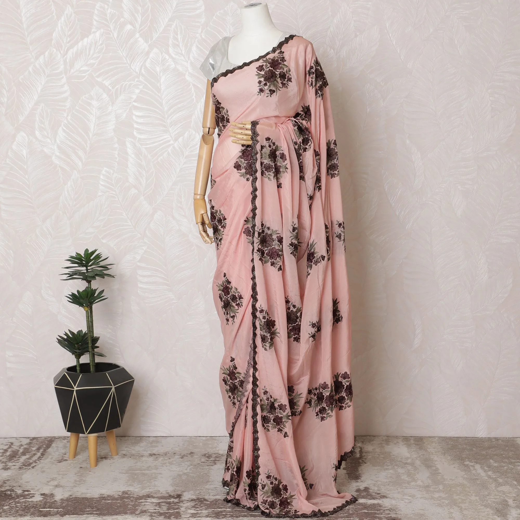Soft Blush Pink Silk Crepe Saree with Contrasting Purple Embroidery & Bead Work - 5.5 mtrs-D18796