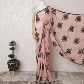 Soft Blush Pink Silk Crepe Saree with Contrasting Purple Embroidery & Bead Work - 5.5 mtrs-D18796