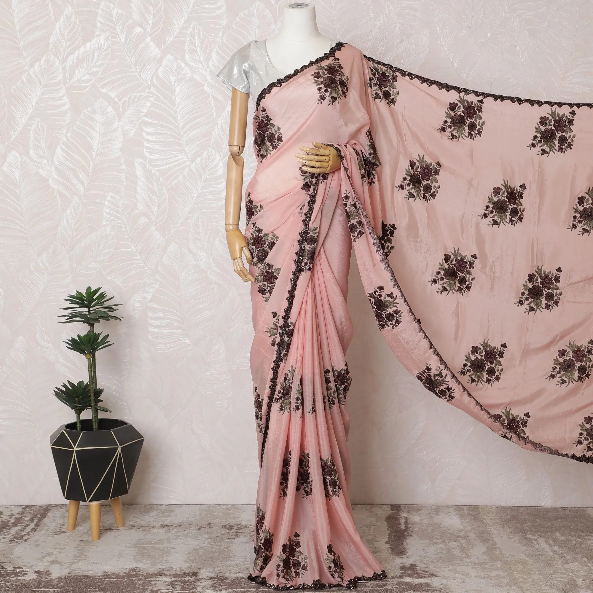 Soft Blush Pink Silk Crepe Saree with Contrasting Purple Embroidery & Bead Work - 5.5 mtrs-D18796