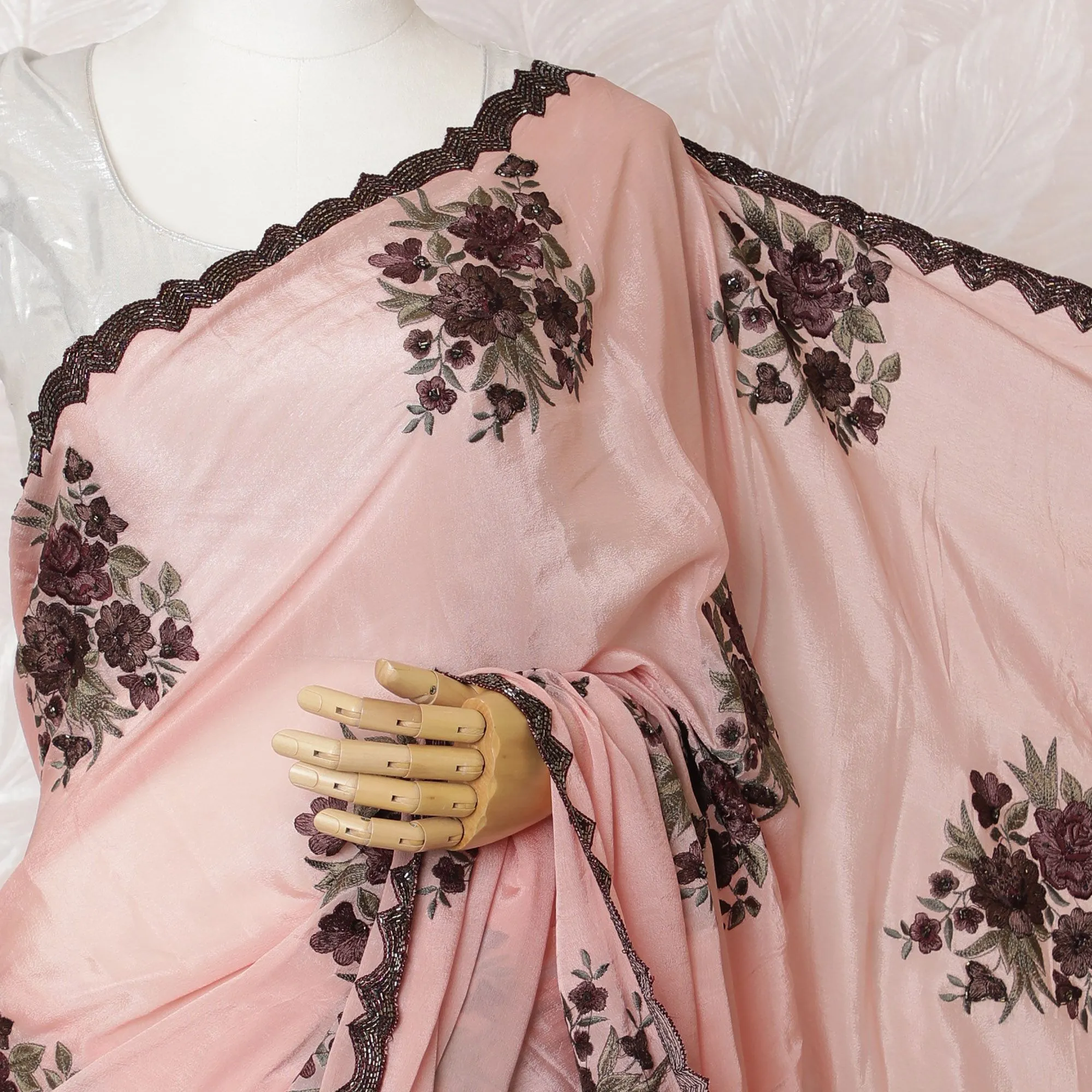 Soft Blush Pink Silk Crepe Saree with Contrasting Purple Embroidery & Bead Work - 5.5 mtrs-D18796