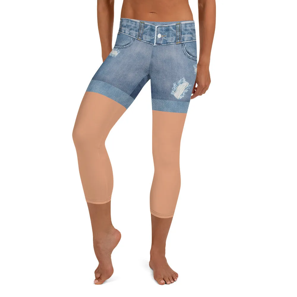 Tan Tone Denim Shorts Print Capris