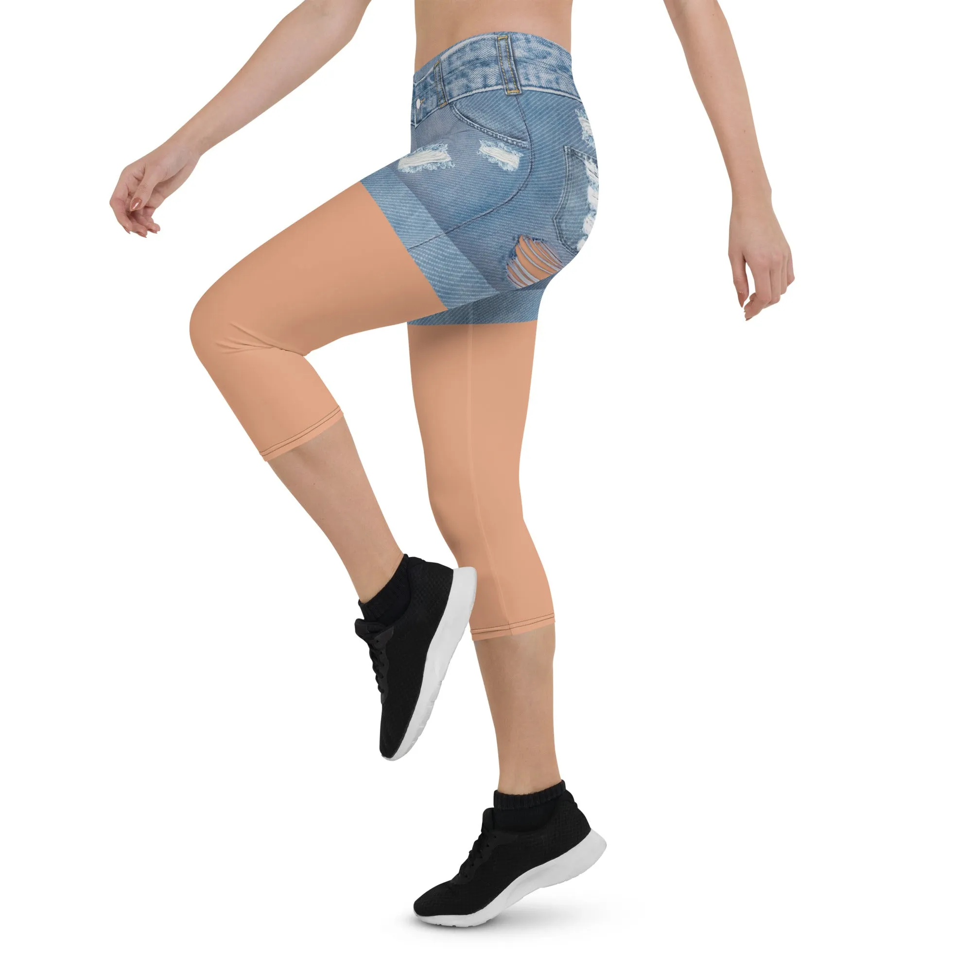 Tan Tone Denim Shorts Print Capris