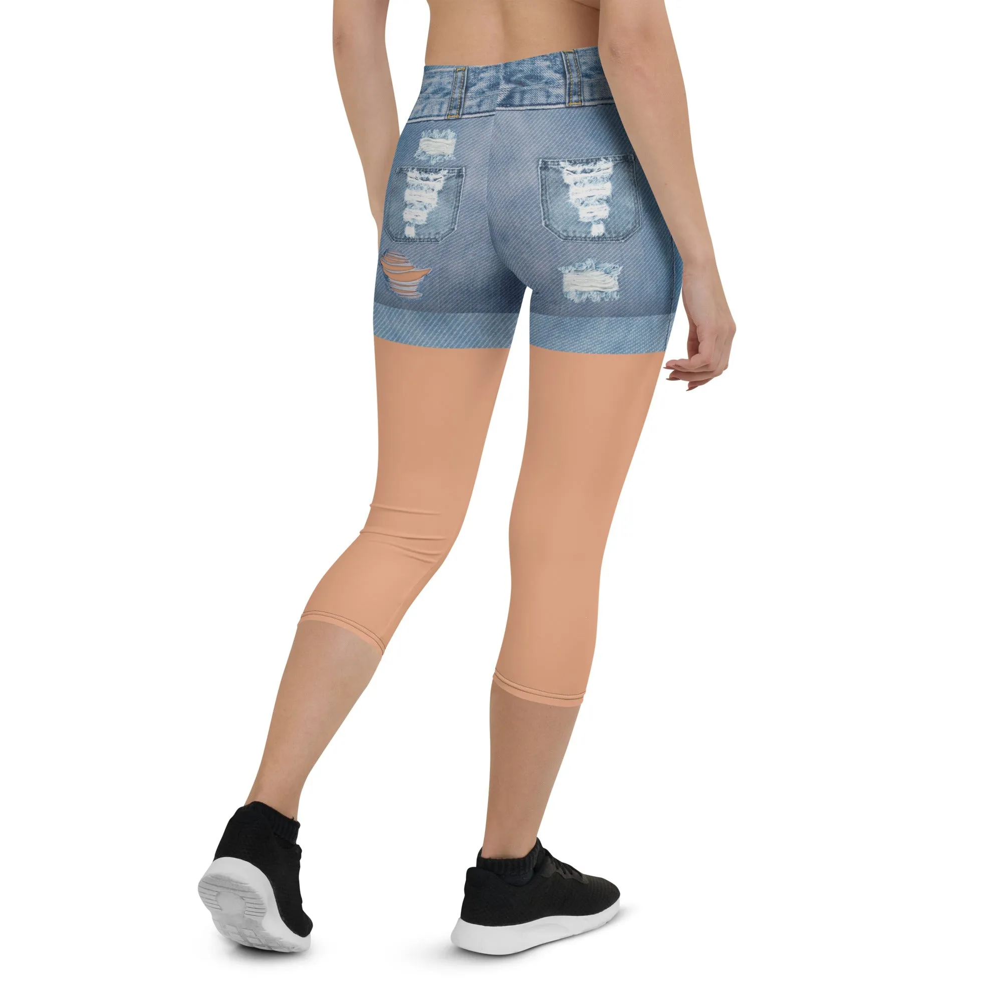 Tan Tone Denim Shorts Print Capris
