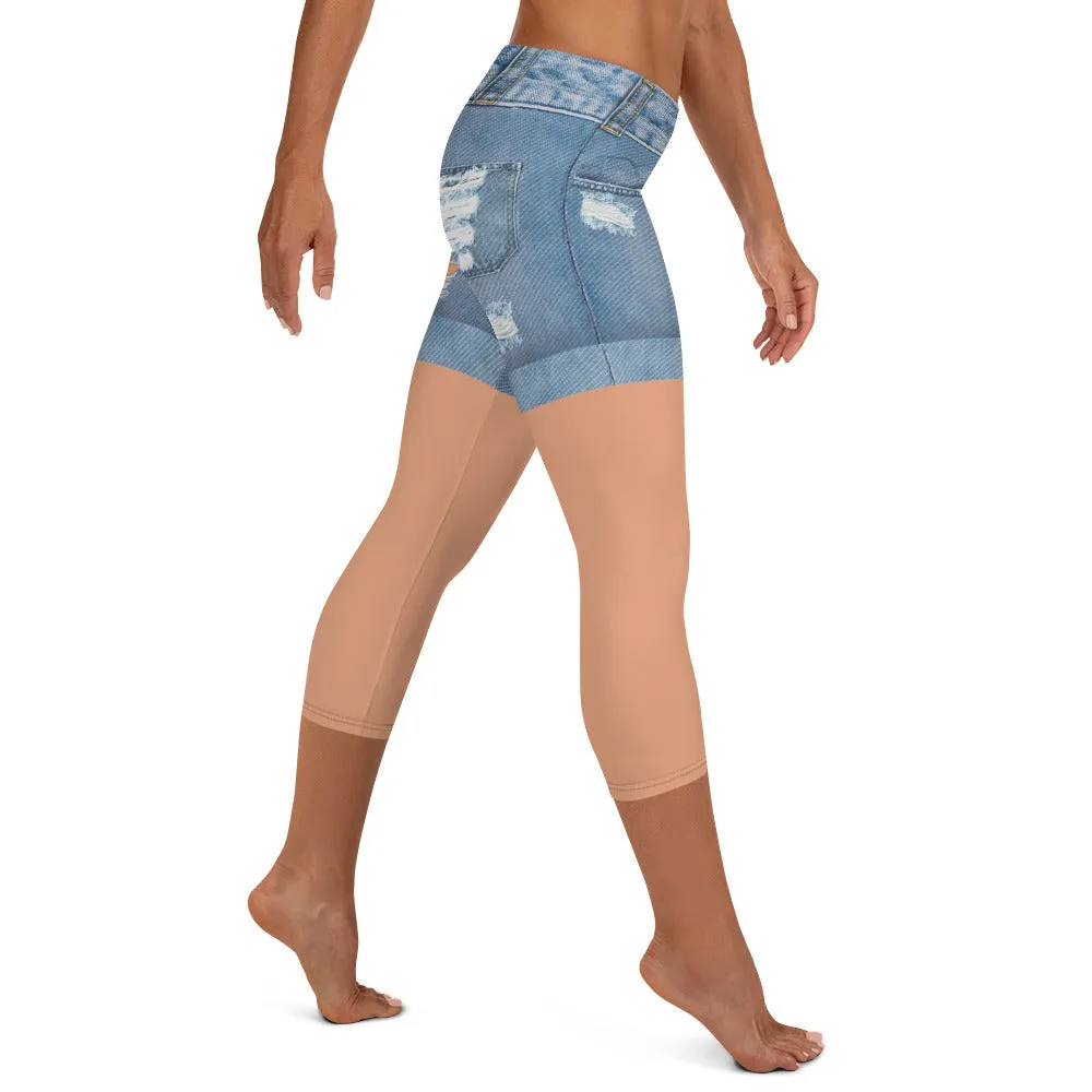 Tan Tone Denim Shorts Print Capris