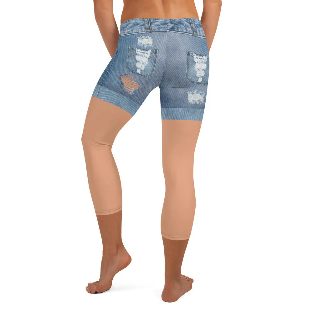 Tan Tone Denim Shorts Print Capris