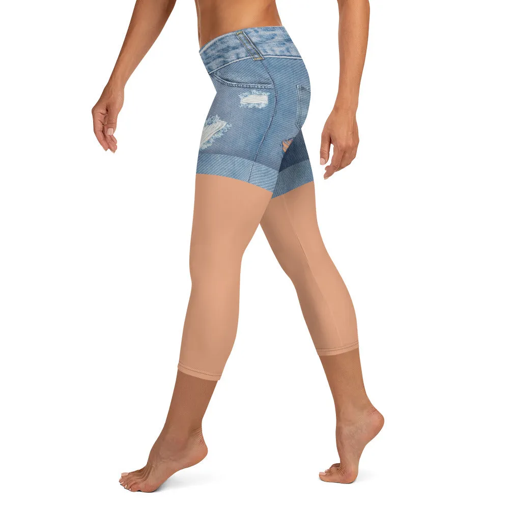 Tan Tone Denim Shorts Print Capris