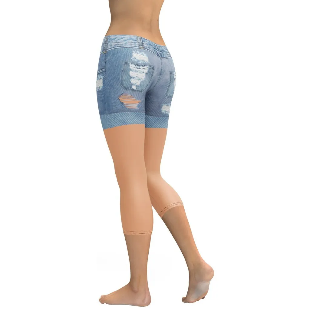 Tan Tone Denim Shorts Print Capris