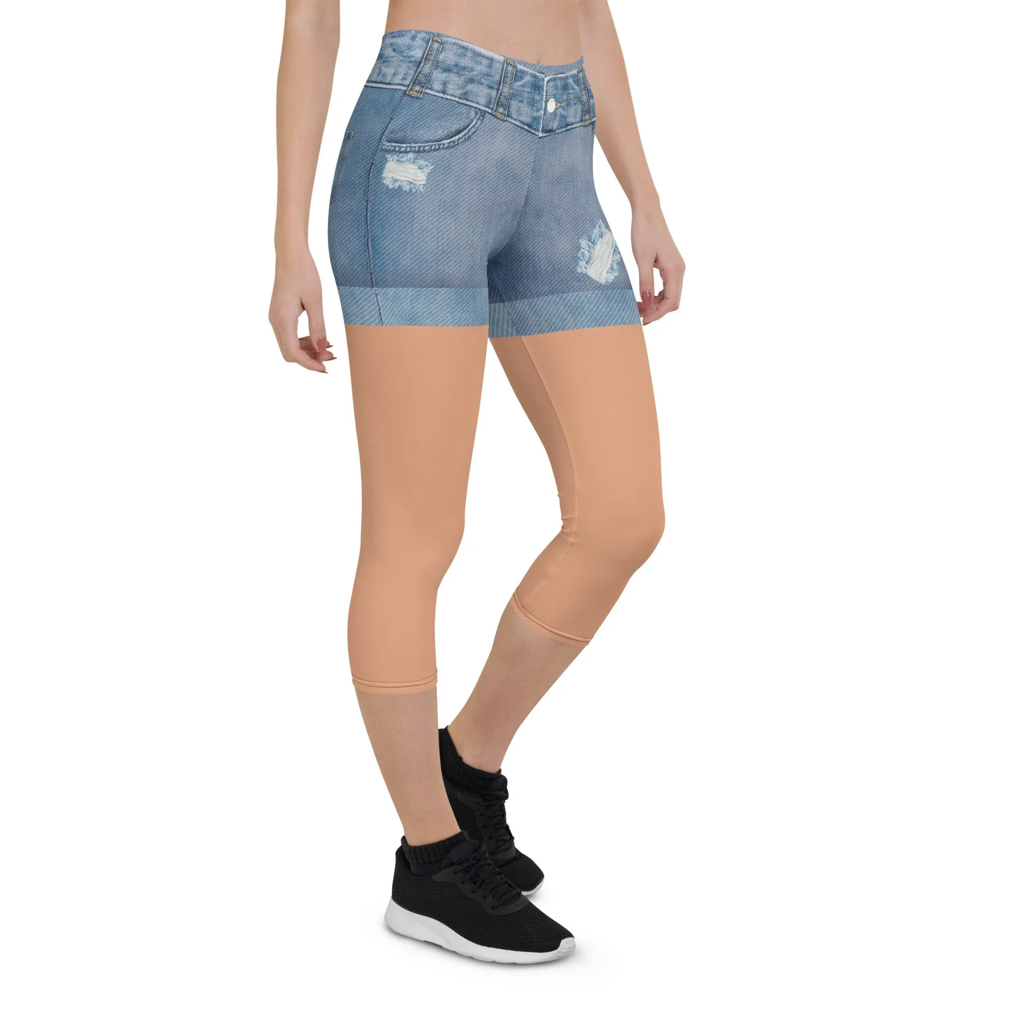 Tan Tone Denim Shorts Print Capris