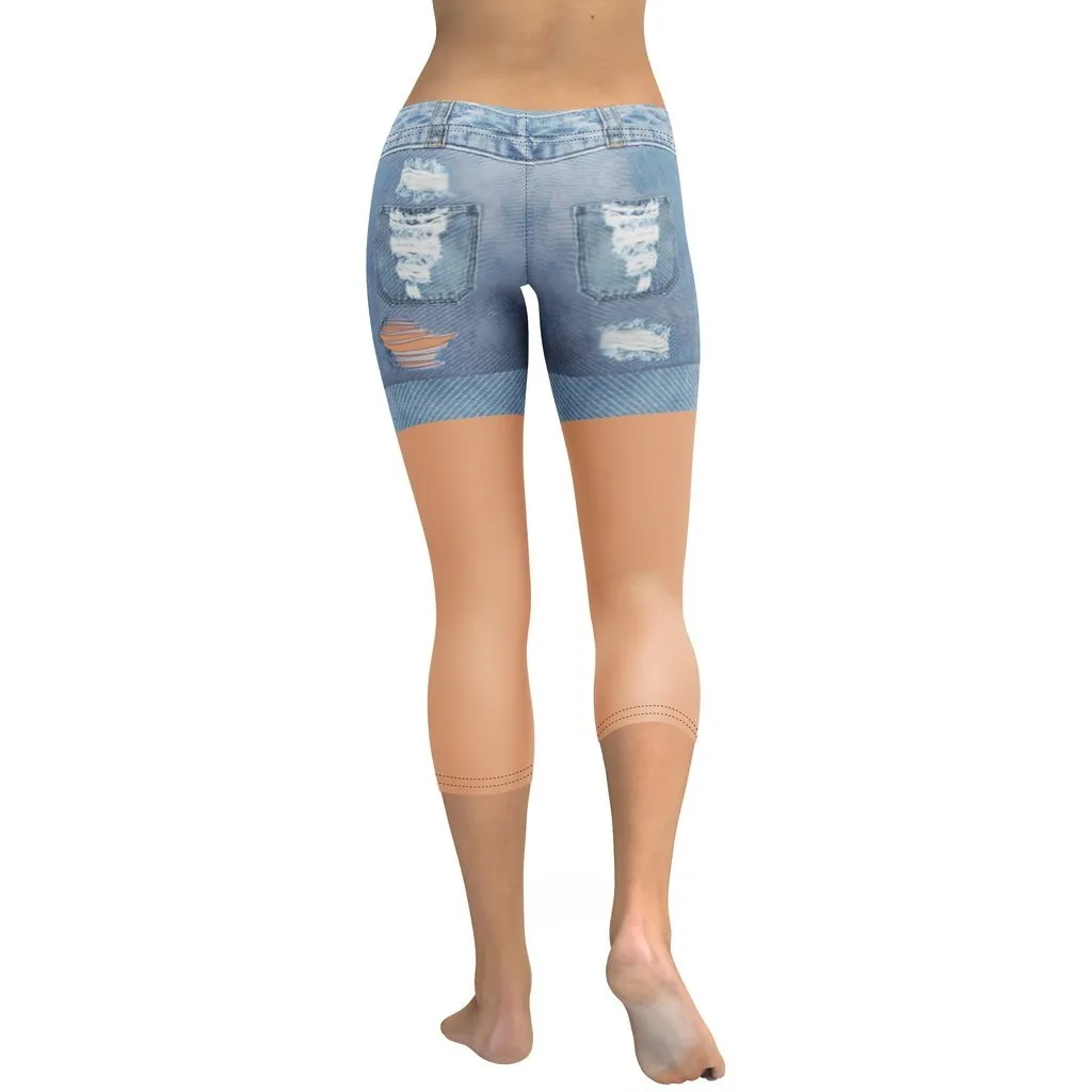 Tan Tone Denim Shorts Print Capris