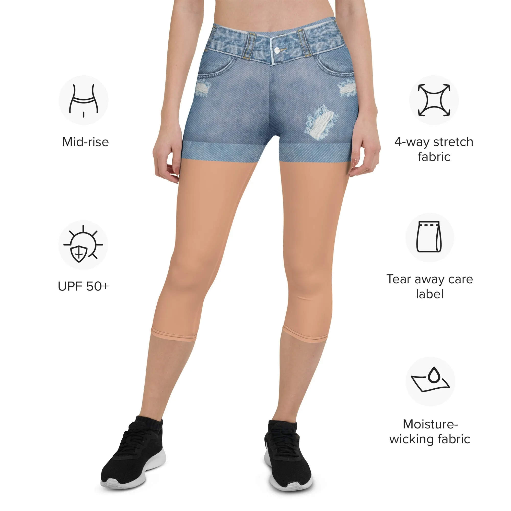 Tan Tone Denim Shorts Print Capris