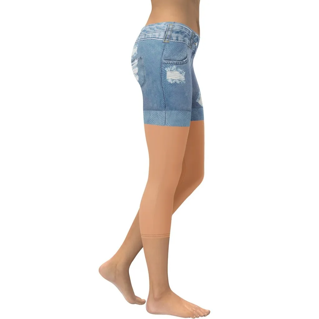 Tan Tone Denim Shorts Print Capris