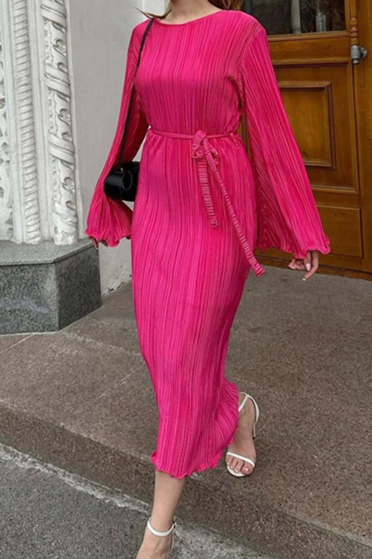 TastyHottie - Pleated Long Flares Sleeve Tie-waist Dress