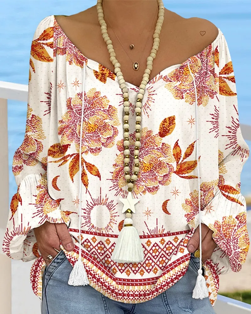 Tribal Print Tassel Design Lantern Sleeve Shirred Blouse Casual Top