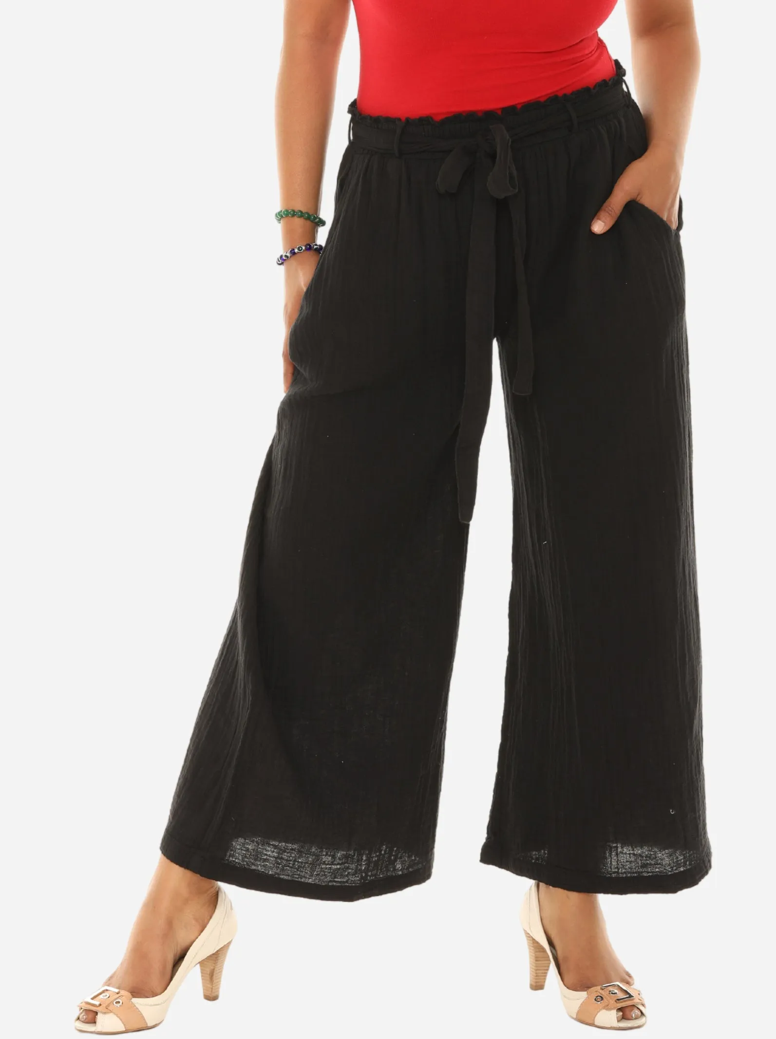 Women Pocket Tie-Front Wide-Leg Pants