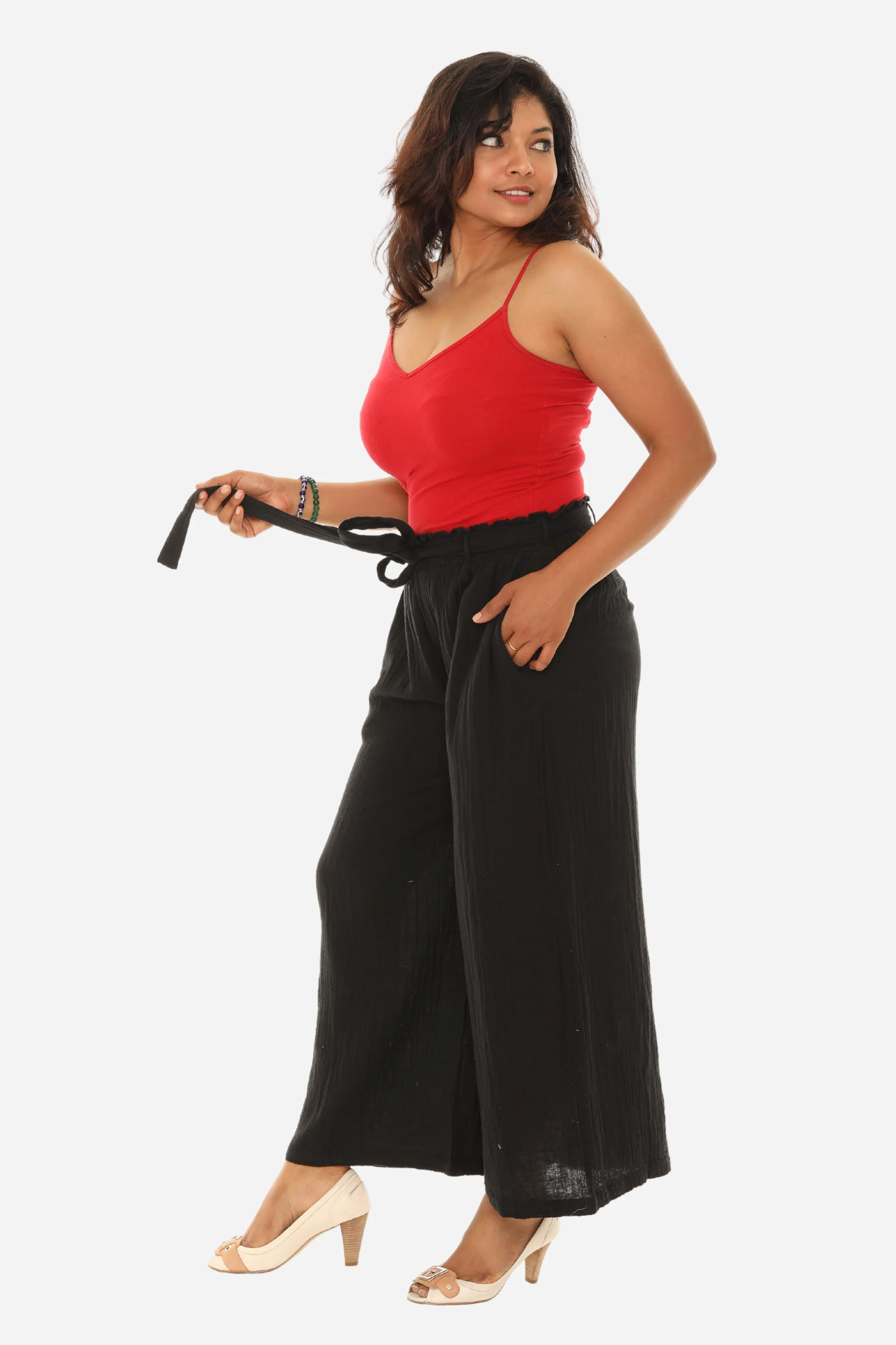 Women Pocket Tie-Front Wide-Leg Pants