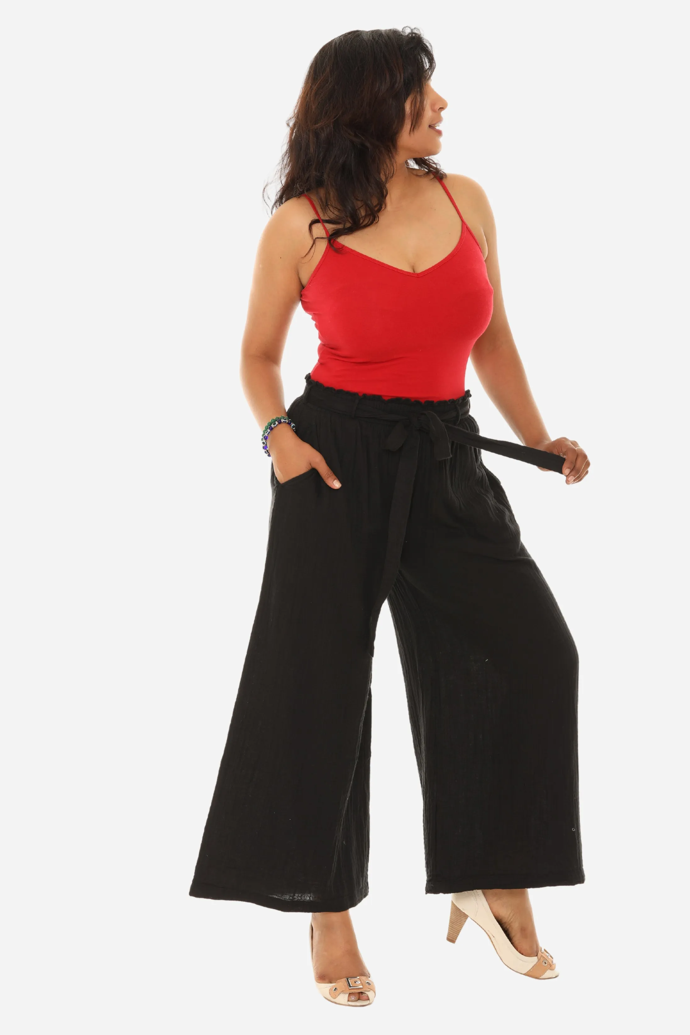 Women Pocket Tie-Front Wide-Leg Pants